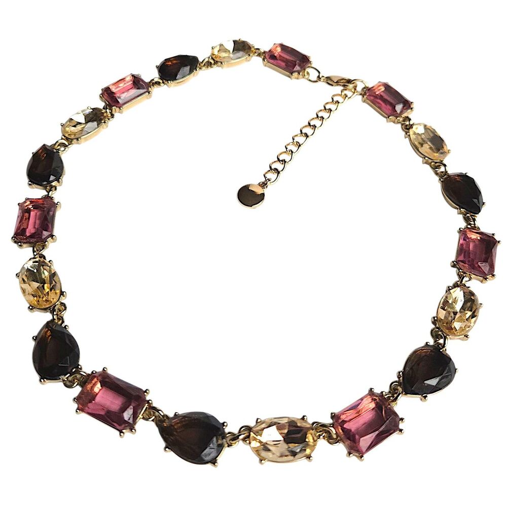 Charter Club Faceted Rhinestone Necklace Pink Brown Champagne Gold Tone 16"-18"